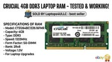Crucial PC3-10600 4GB DDR3 SDRAM Laptop Memory (CT51264BC1339.16FMR)- BEST‼️